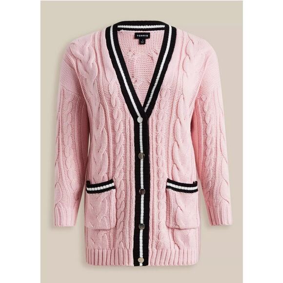 Torrid Pink Cable Knit Cardigan Sweater Size 1-US 14/16 Preppy Varsity Style - Picture 1 of 11
